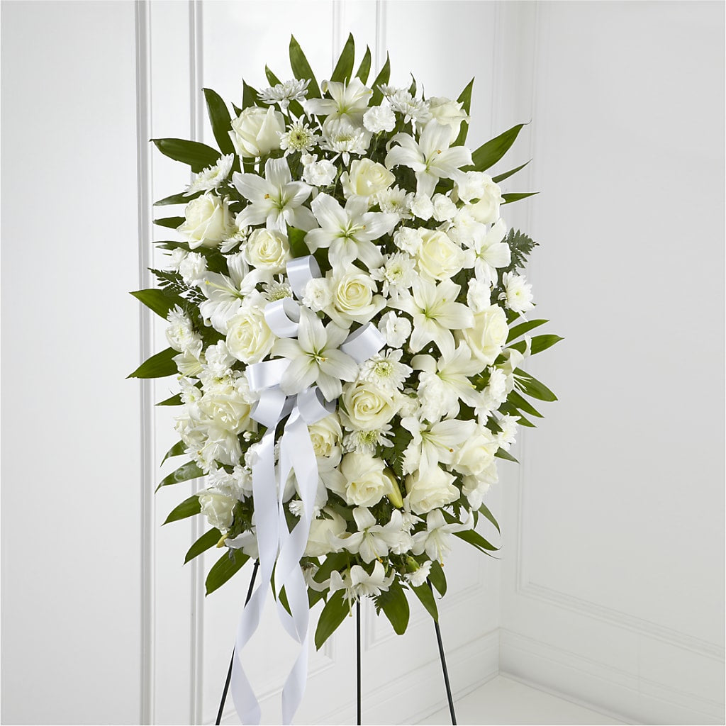 Exquisite Tribute Standing Spray-White Ribbon – Carrs, Bellevue WA
