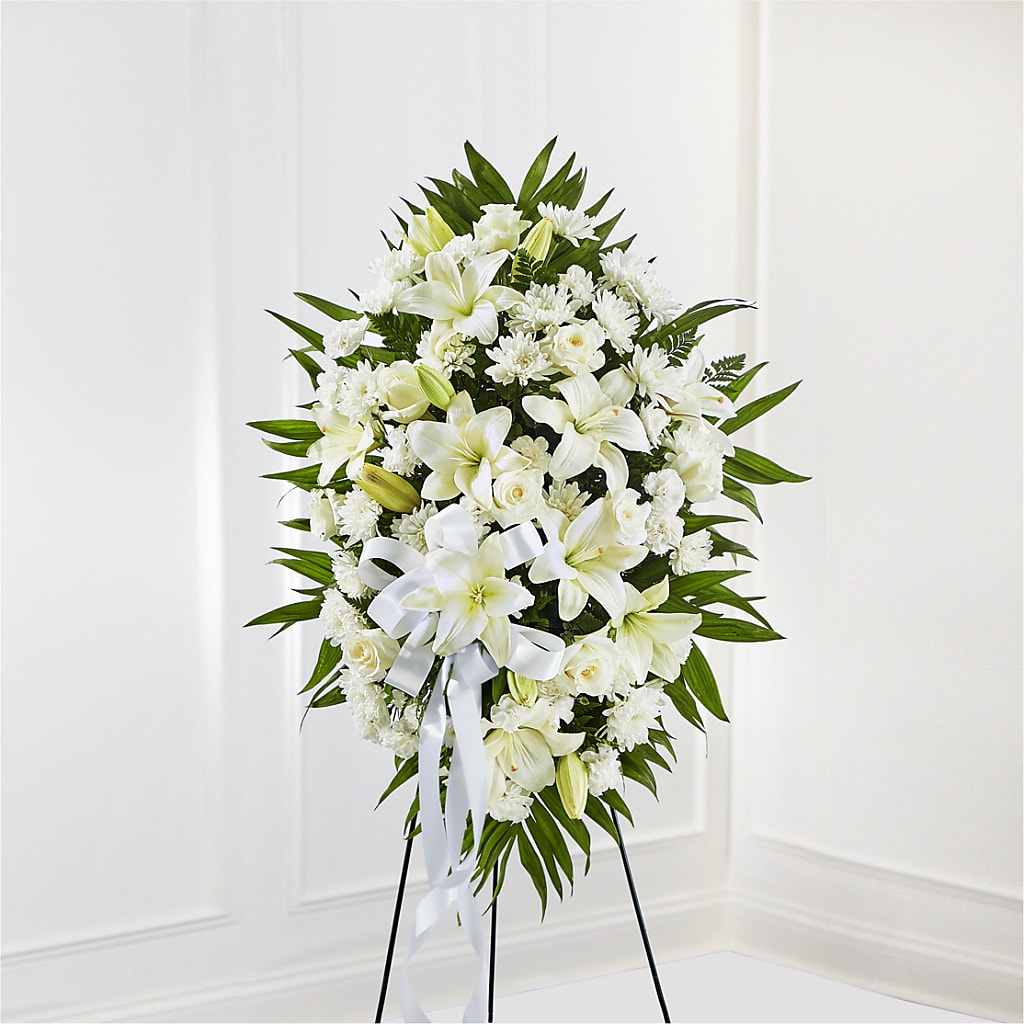 Exquisite Tribute Standing Spray-White Ribbon – Carrs, Bellevue WA