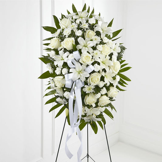 Exquisite Tribute Standing Spray-White Ribbon –  Carrs, Bellevue WA